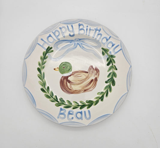 Birthday Plate - Scallop and Bow Mallard Design