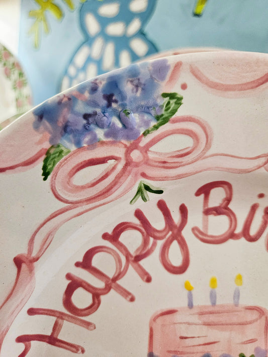 Birthday Plate - Cake and Hydrangea Bouquet Border Design