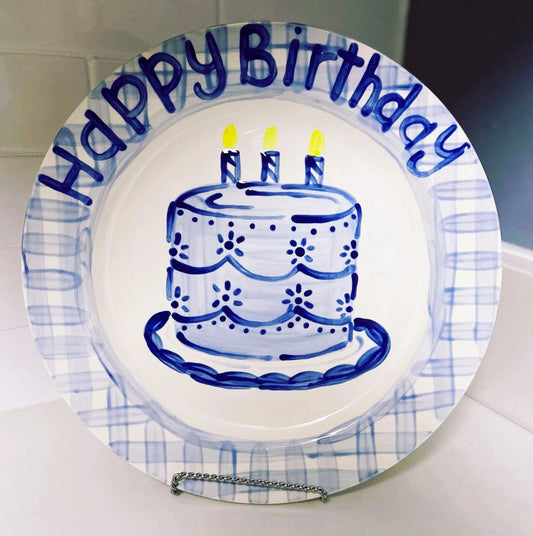 Birthday Plate - Cake With Blue Gingham Design