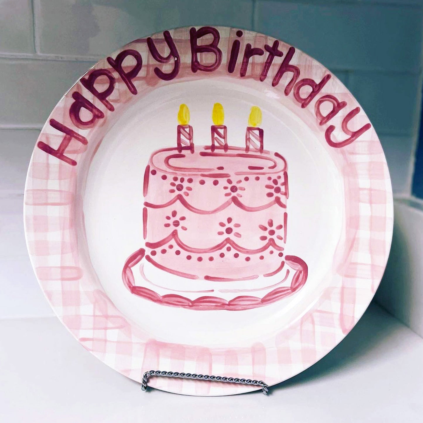 Birthday Plate - Cake With Pink Gingham Design