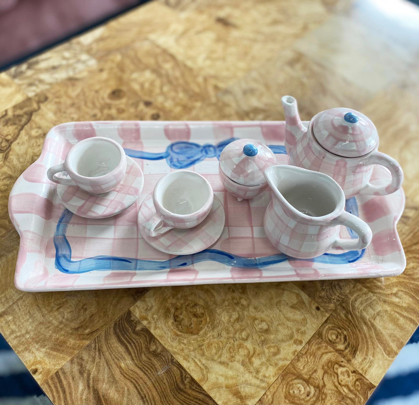 Child's Ceramic Tea Set - Hand Painted Tea Set, Tea Party Play, Gingham Design, Pretend Play, Keepsake Gifts