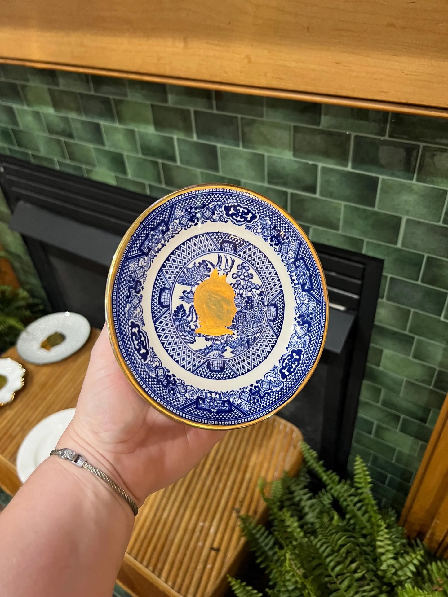 Custom Gold Silhouette on Blue and White Chinoiserie Plate