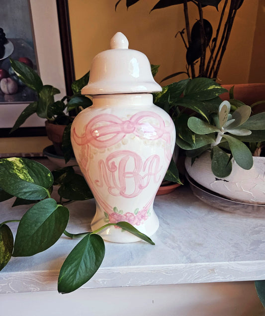 Hand Painted Monogram Ginger Jar 12"  Floral Bows and Pearls