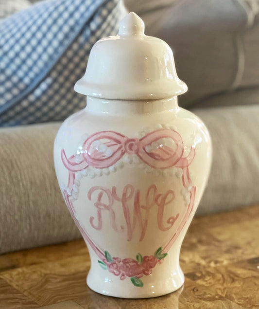 Hand Painted Monogram Ginger Jar 12"  Floral Bows and Pearls