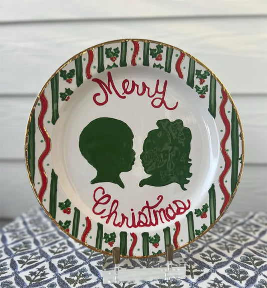 Christmas Silhouette Plate - Holly Stripe With Gold Accents