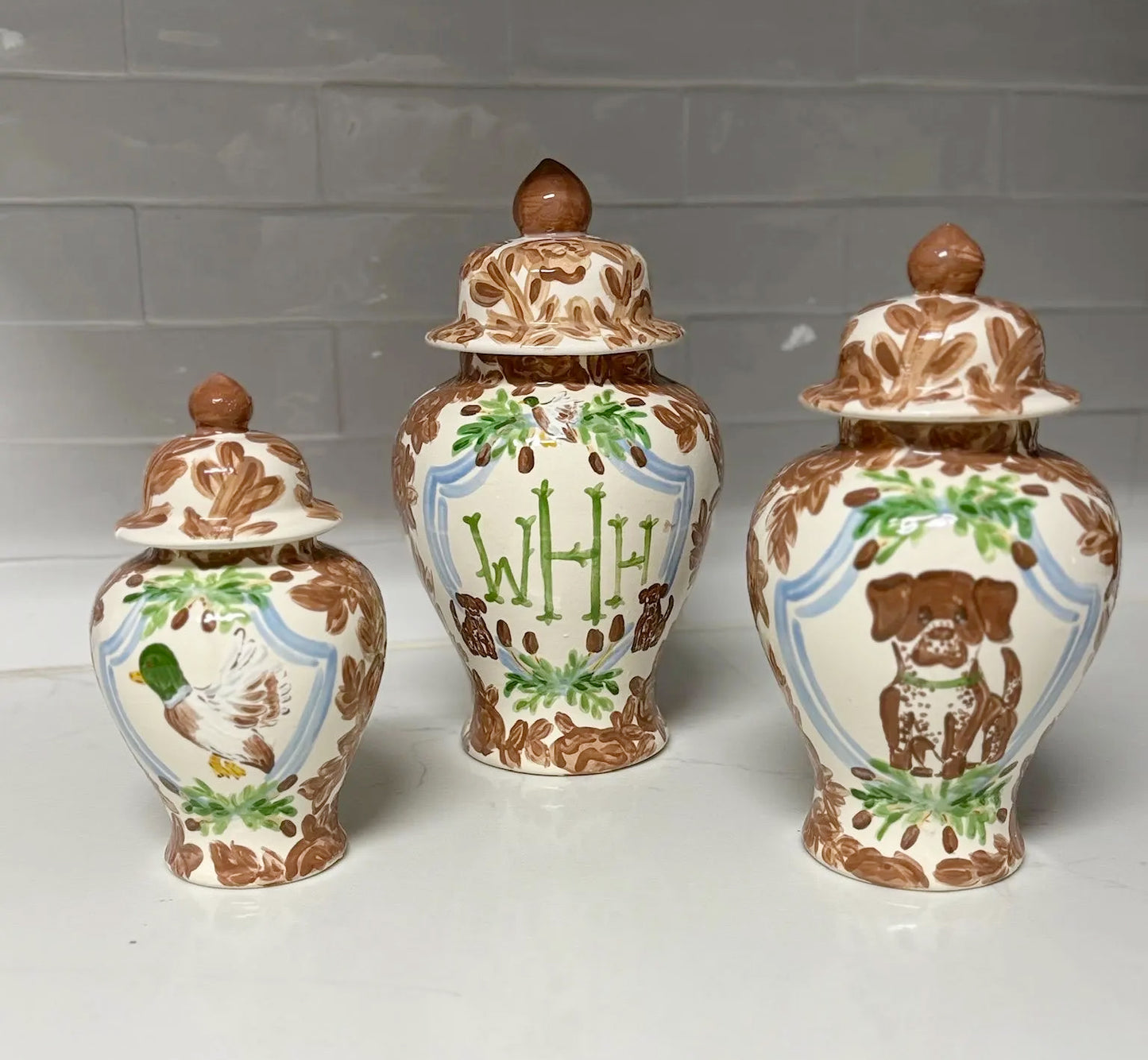 Monogram Ginger Jar Set - Woodland Collection - Floral Toile With Cattails Dogs Ducks