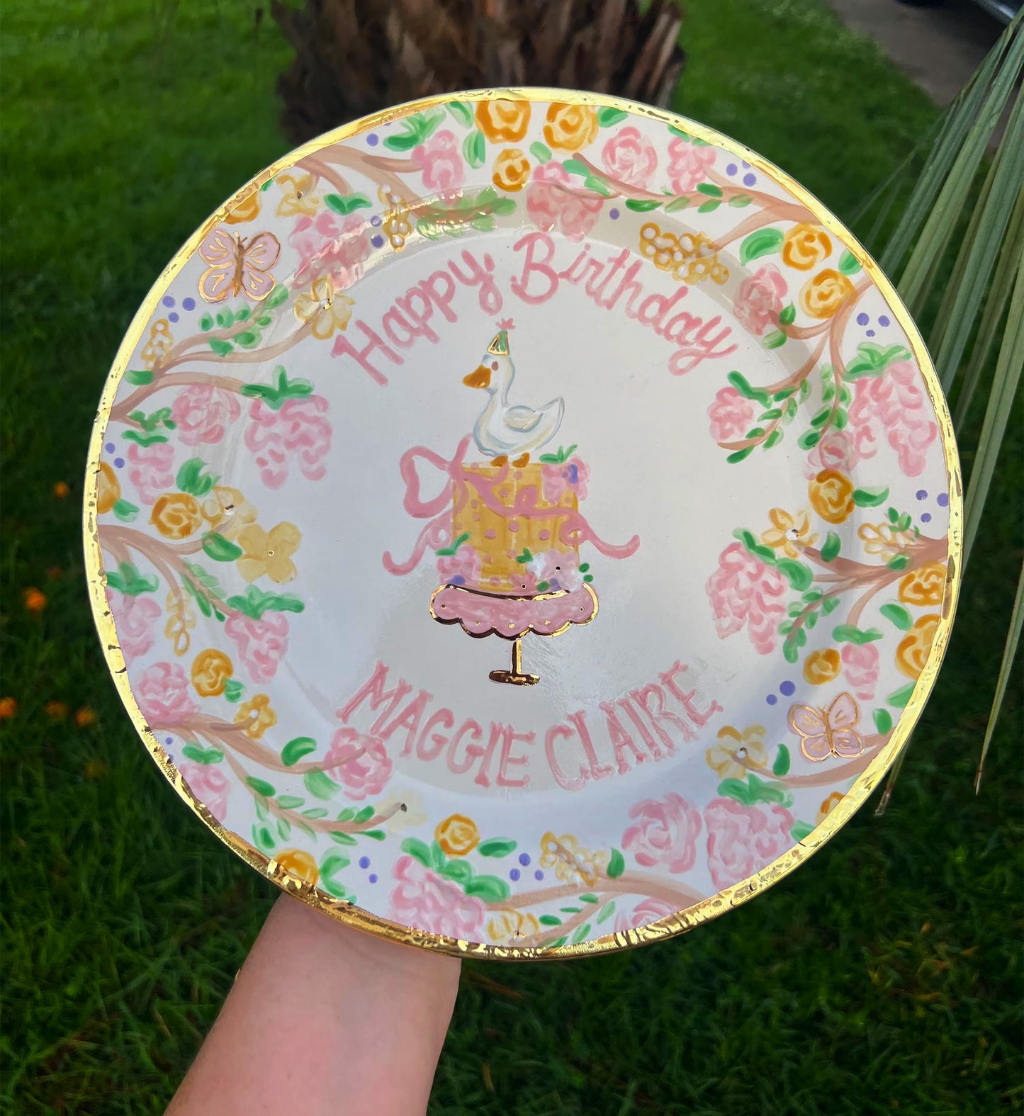 Birthday Plate - Pastel Silly Goose with 12K Gold Accents Design