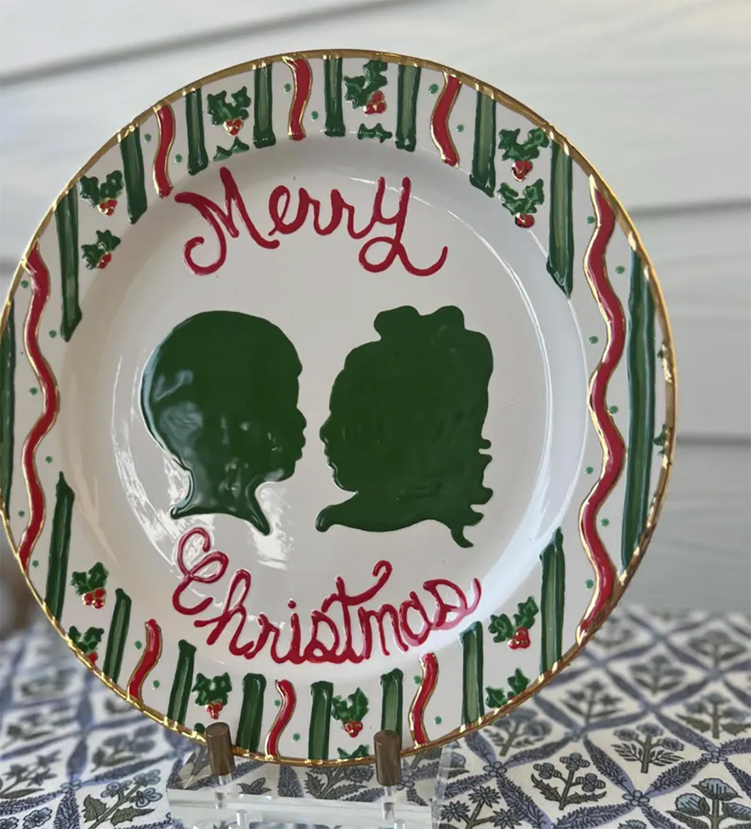 Christmas Silhouette Plate - Holly Stripe With Gold Accents
