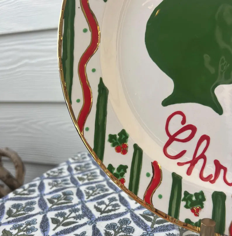 Christmas Silhouette Plate - Holly Stripe With Gold Accents