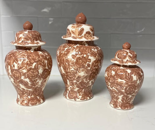 Hand Painted Ginger Jars - Set of 3 - Floral Toile