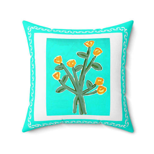 Floral Pillow, Yellow Flowers on an Aqua Background, Accent Pillow