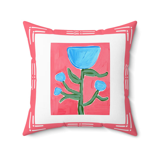 Floral Pillow, Blue Flowers on Watermelon Pink Background, Accent Pillow