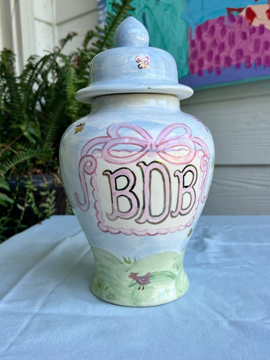 Hand Painted Ginger Jar- Watercolor Bird Scene Pattern with Monogram