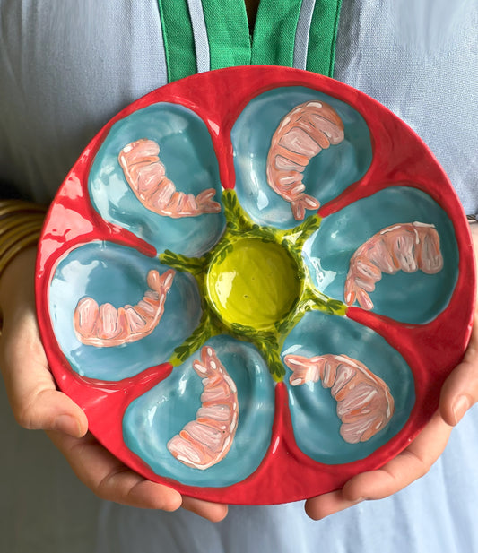 Hand Painted Cast Oyster Plate - Red and Blue with Shrimp