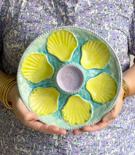 Hand Painted Cast Oyster Plate - Mint and Chartreuse