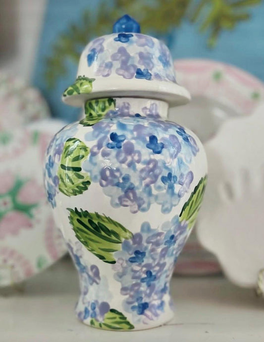 Hand Painted Ginger Jar 12" - Hydrangea Bouquets