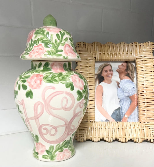Hand Painted Monogram Ginger Jar 12" Pink and Green Floral Toile