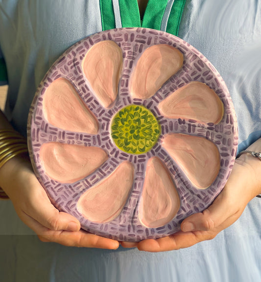 Hand Built Oyster Plate 9" in Lavender and Green Crosshatch