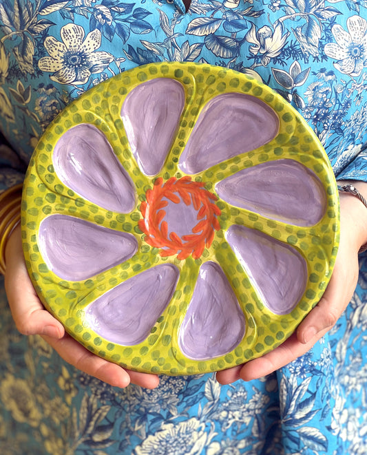 Hand Built Oyster Plate 9" in Green and Lavender Brush Stroke With Orange Center