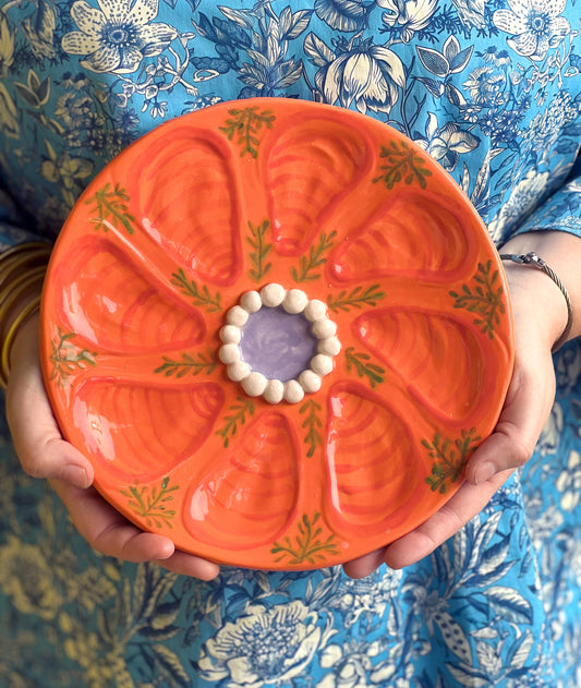 Hand Built Oyster Plate 9" in Orange and Green with Beaded Center