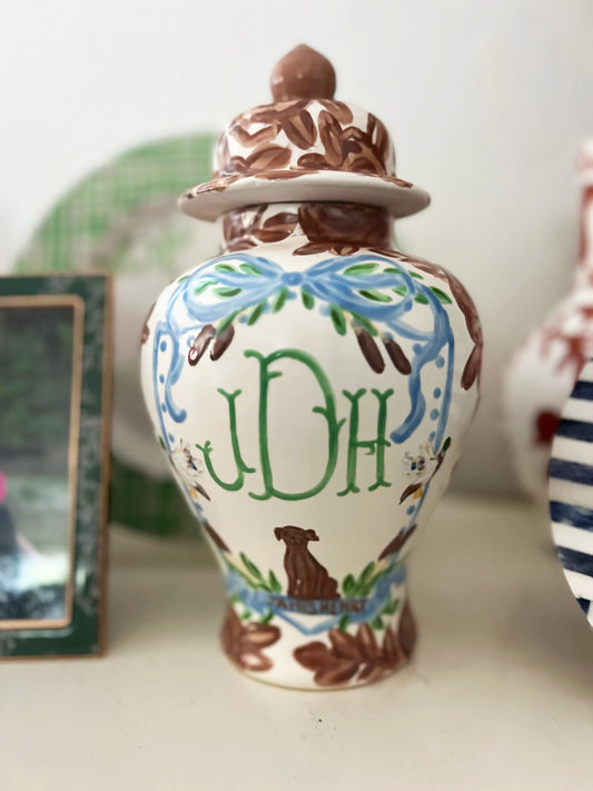 Monogram Ginger Jar - Woodland Collection - Floral Toile and Dog -  12”