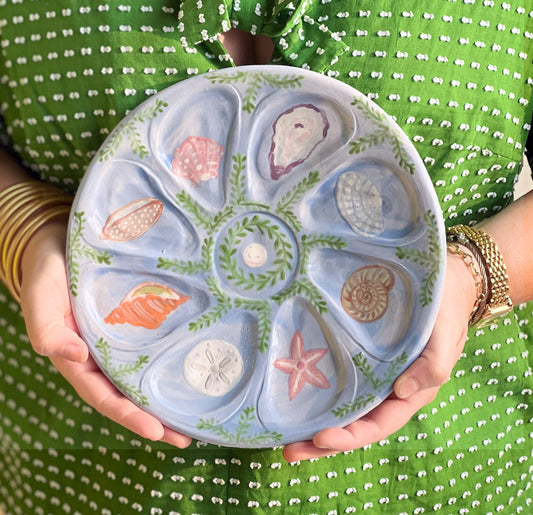 Hand Built Oyster Plate 9" in Pale Blue With Seashell Theme