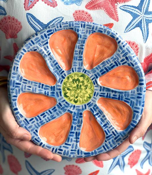 Hand Built Oyster Plate 9" in Blue and Orange Crosshatch