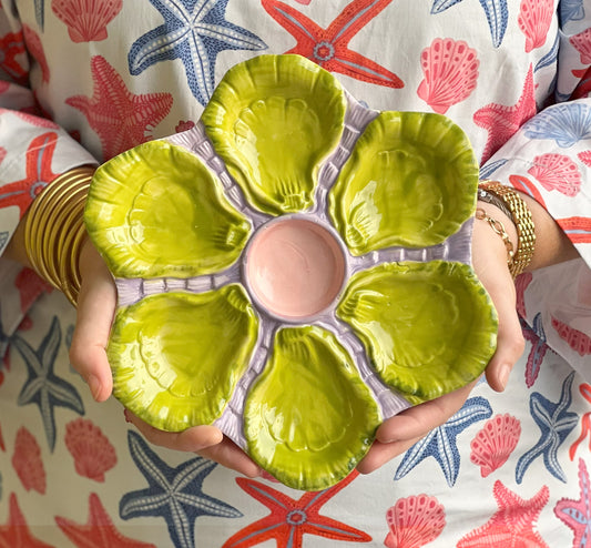 Hand Painted Cast Oyster Plate - Lavender and Chartreuse