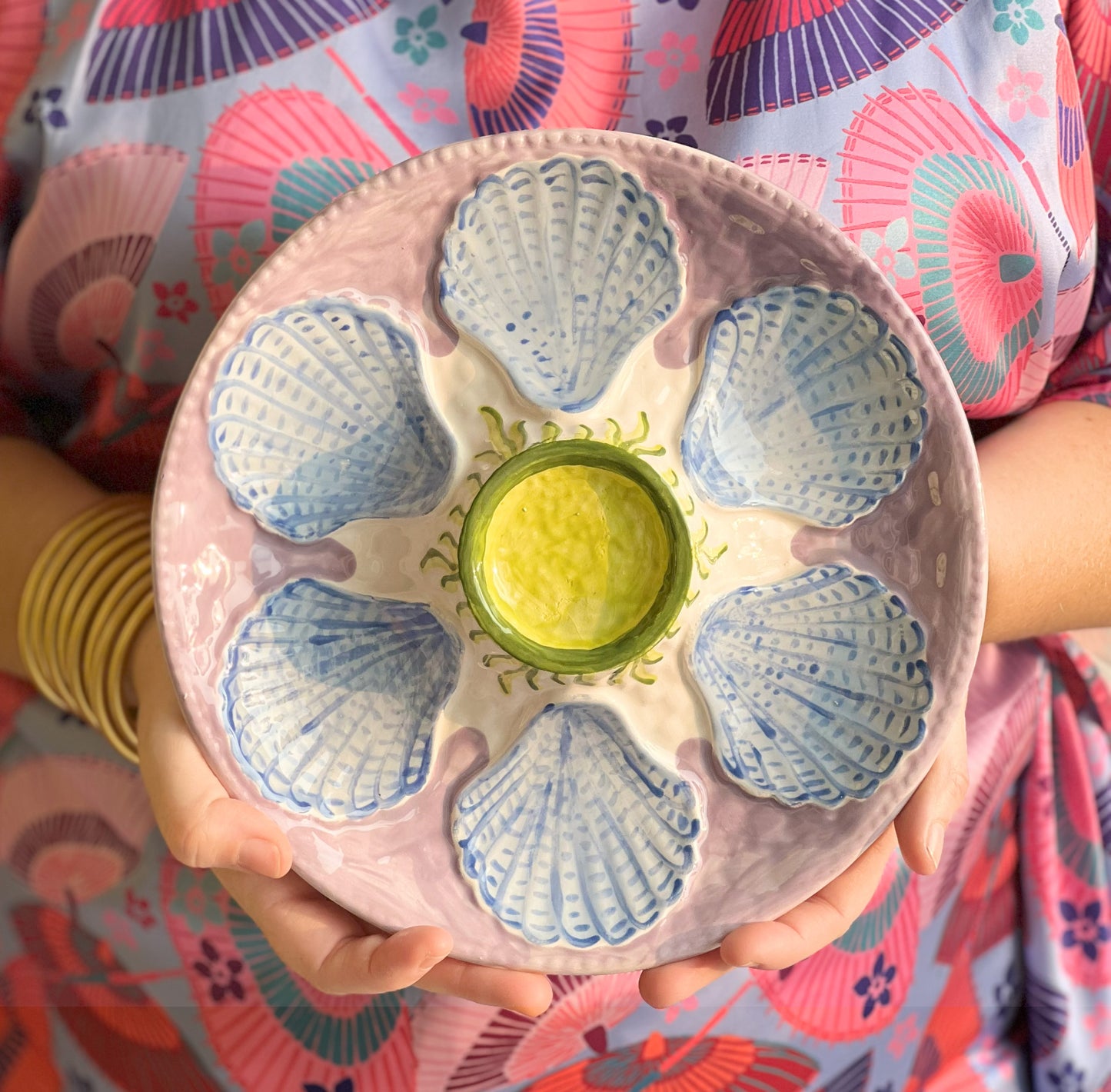Hand Painted Cast Oyster Plate - Lavender and Blue