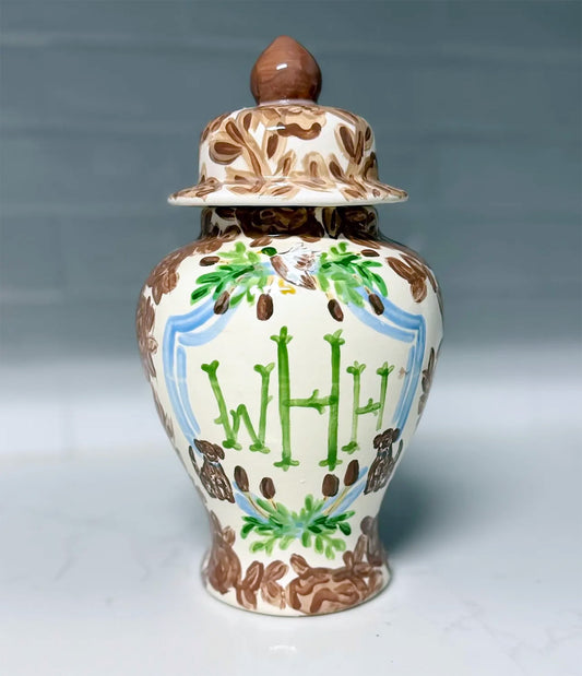 Monogram Ginger Jar - Woodland Collection - Floral Toile and Cattails with Dogs -  12”