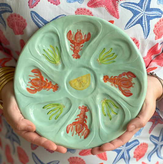 Hand Built Oyster Plate 9" in Pale Green With Lobster Motif