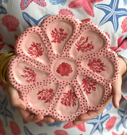 Hand Built Oyster Plate - Pink and Red Coral