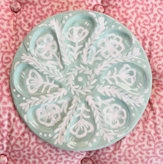 Hand Built Oyster Plate 9" in Pale Green With White Accents