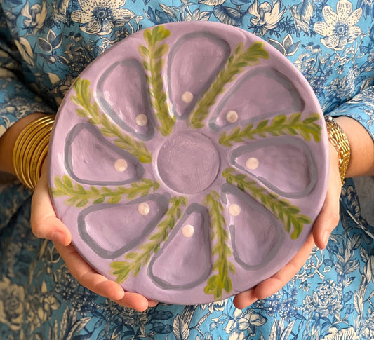 Hand Built Oyster Plate 9" in Pale Lavender with Gray Pearls