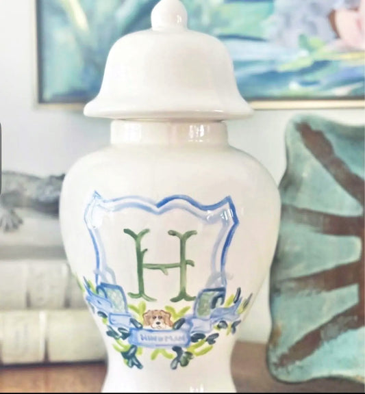 Hand Painted Monogram Ginger Jar 12" Crest With Pup