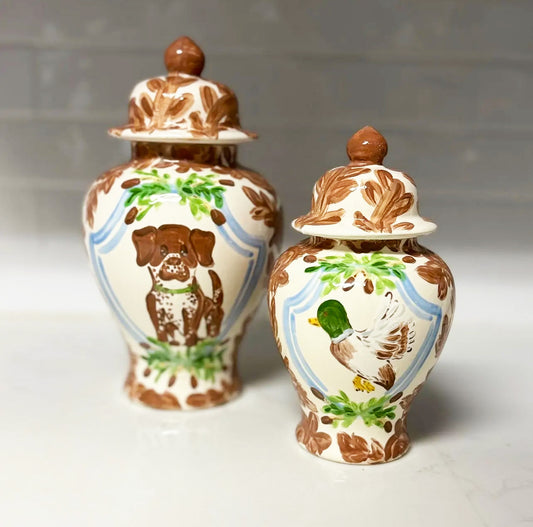 Hand Painted Ginger Jar Set - Woodland Collection - Floral Toile With Dog and Duck