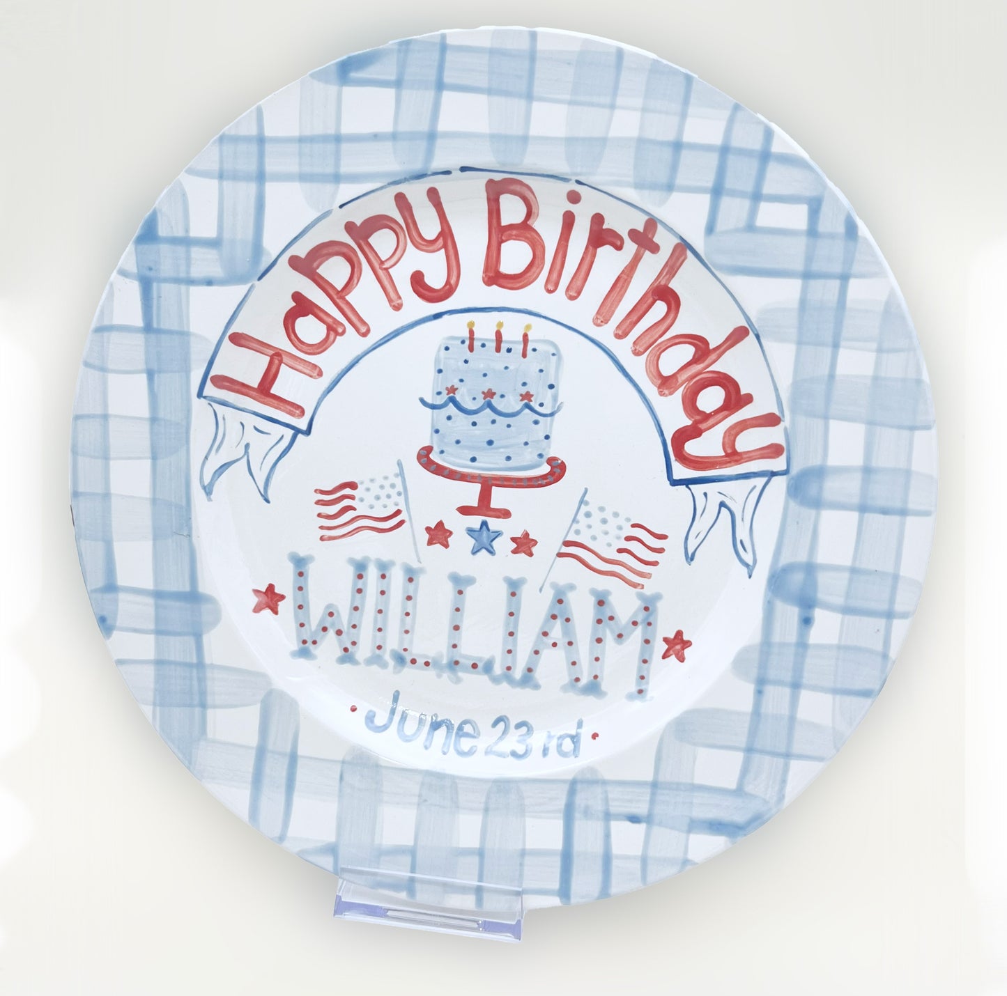 Birthday Plate - Gingham Border with Cake and Flags 11"