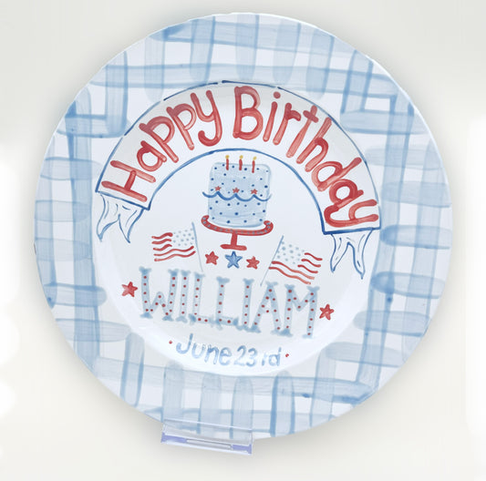Birthday Plate - Gingham Border with Cake and Flags 11"