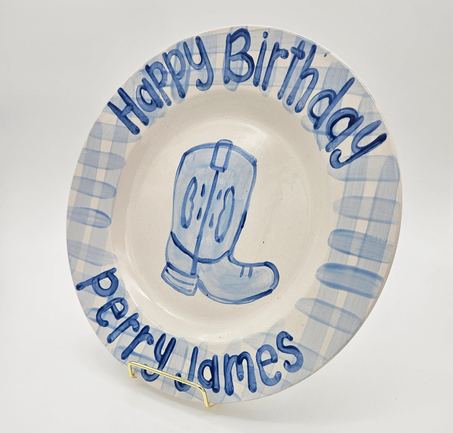 Cowboy Boot Blue Gingham Happy Birthday Plate