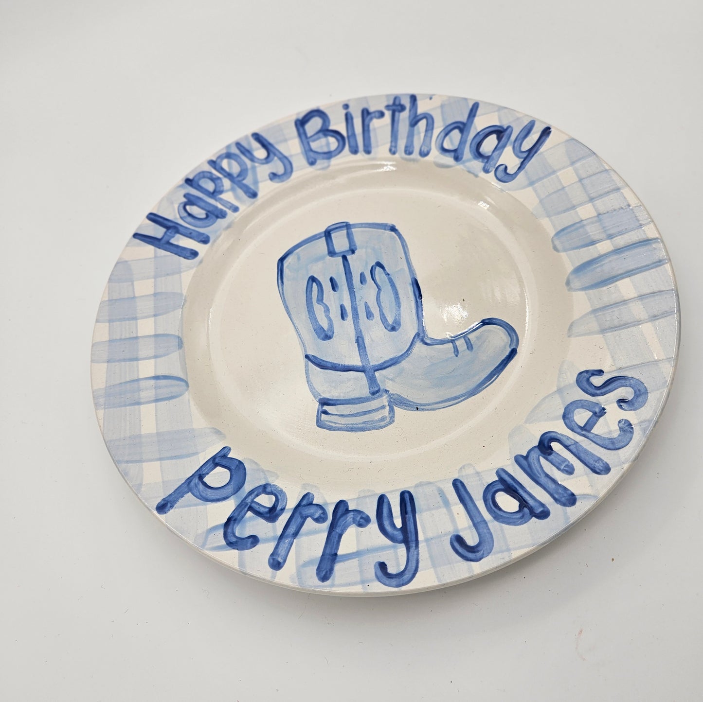 Cowboy Boot Blue Gingham Happy Birthday Plate