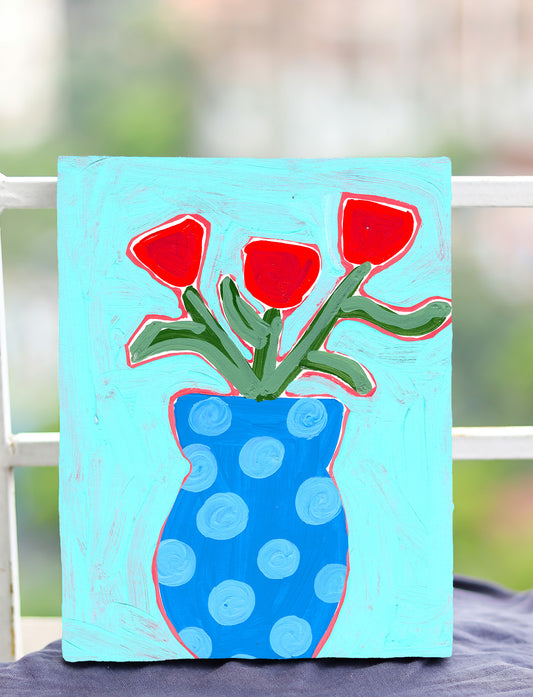 Canvas Print - Abstract Red Flowers in Blue Vase