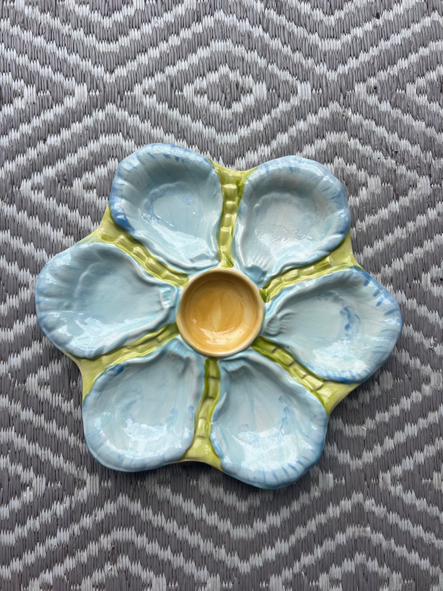 Hand Painted Cast Oyster Plate - Yellow and Blue