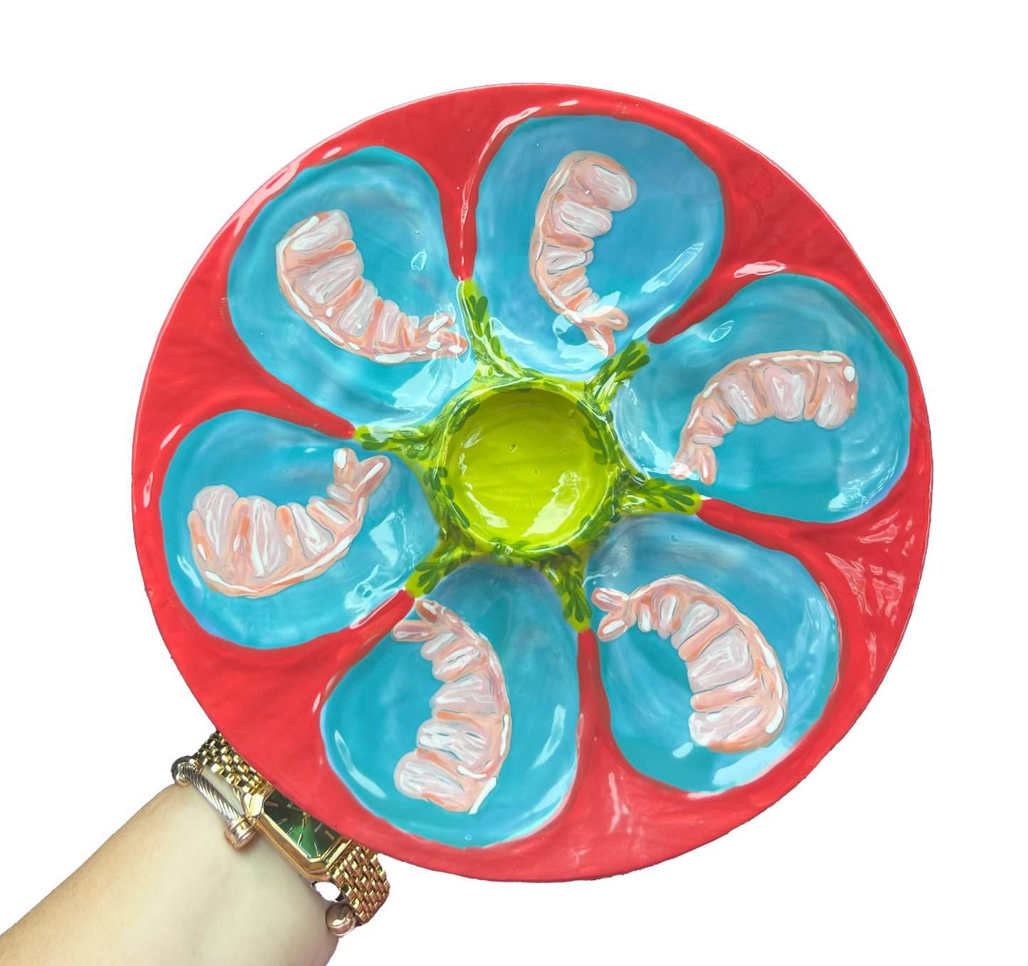 Hand Painted Cast Oyster Plate - Red and Blue with Shrimp