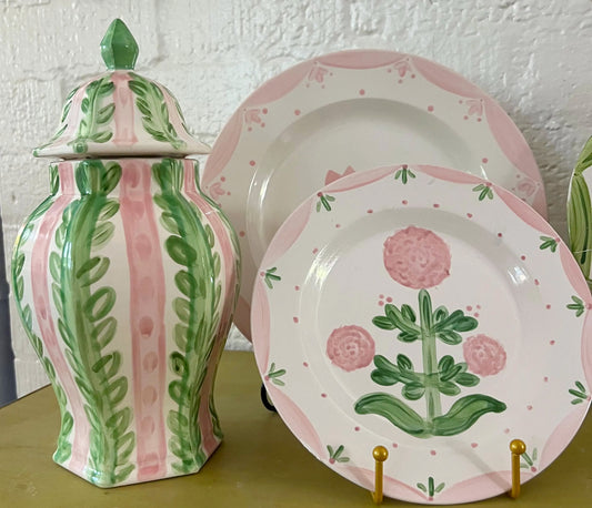 Hand Painted Ginger Jar 12" - Lines and  Vines Pattern