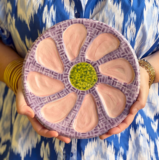 Hand Built Oyster Plate 9" in Lavender and Green Crosshatch