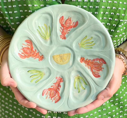 Hand Built Oyster Plate 9" in Pale Green With Lobster Motif