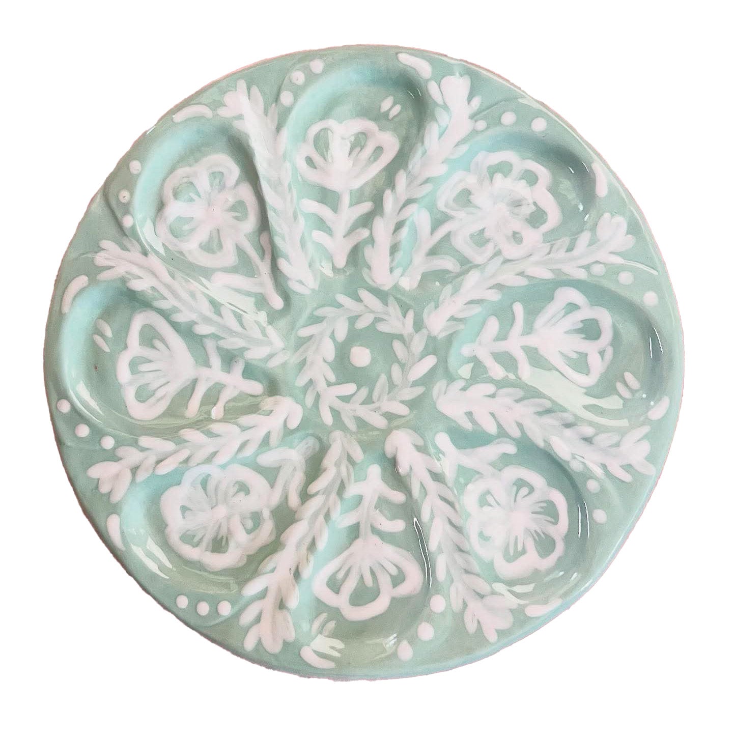 Hand Built Oyster Plate 9" in Pale Green With White Accents