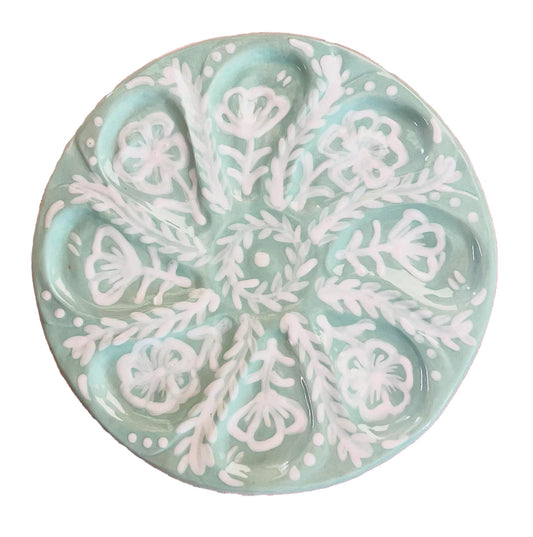 Hand Built Oyster Plate 9" in Pale Green With White Accents