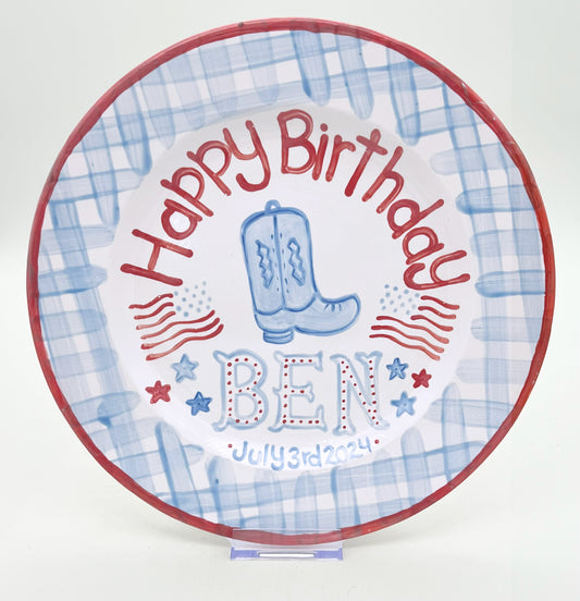 Birthday Plate - Gingham Border with Cowboy Boot and Flags 11"