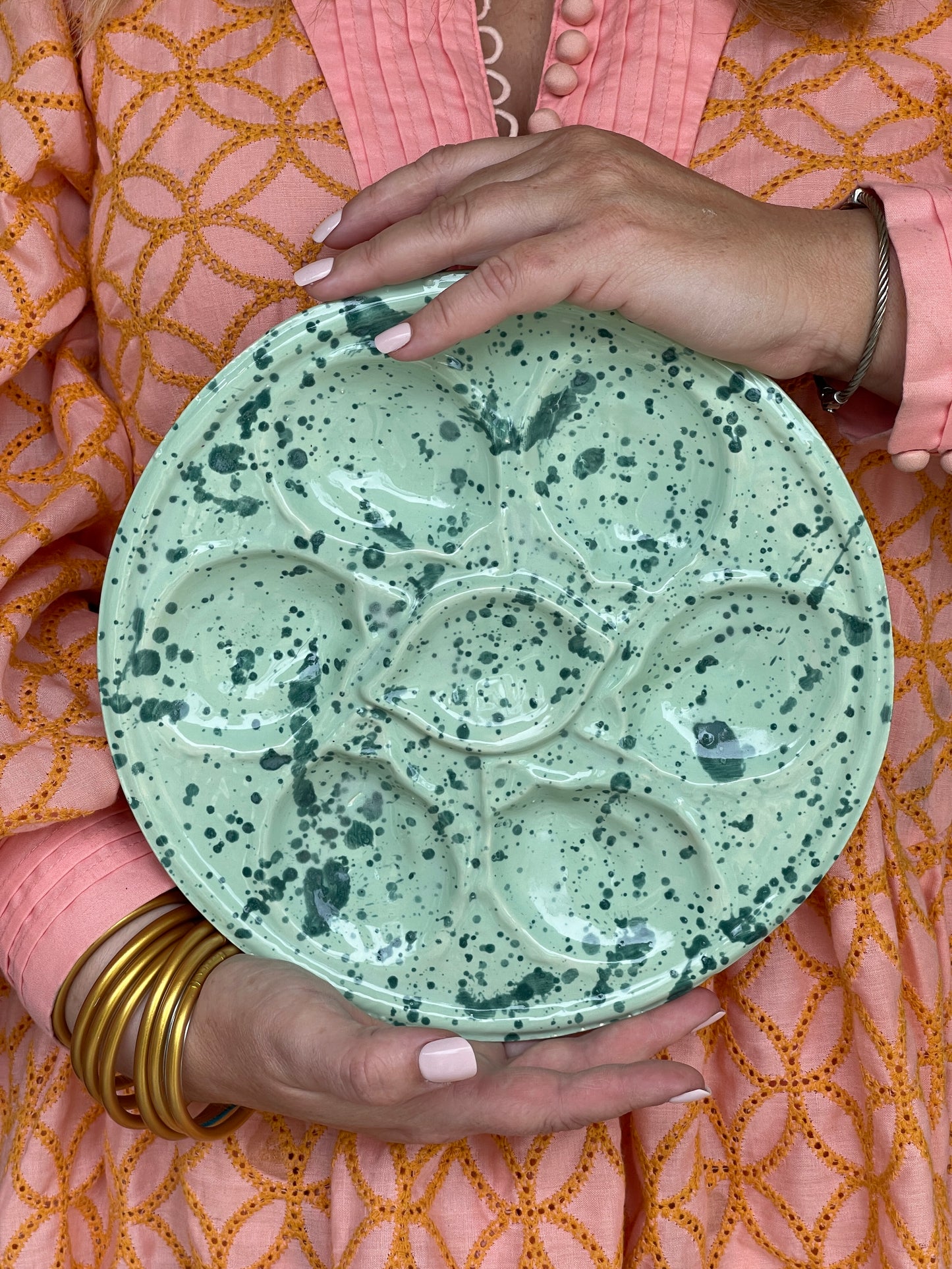 Hand Painted Cast Oyster Plate - Mint Splatter ware